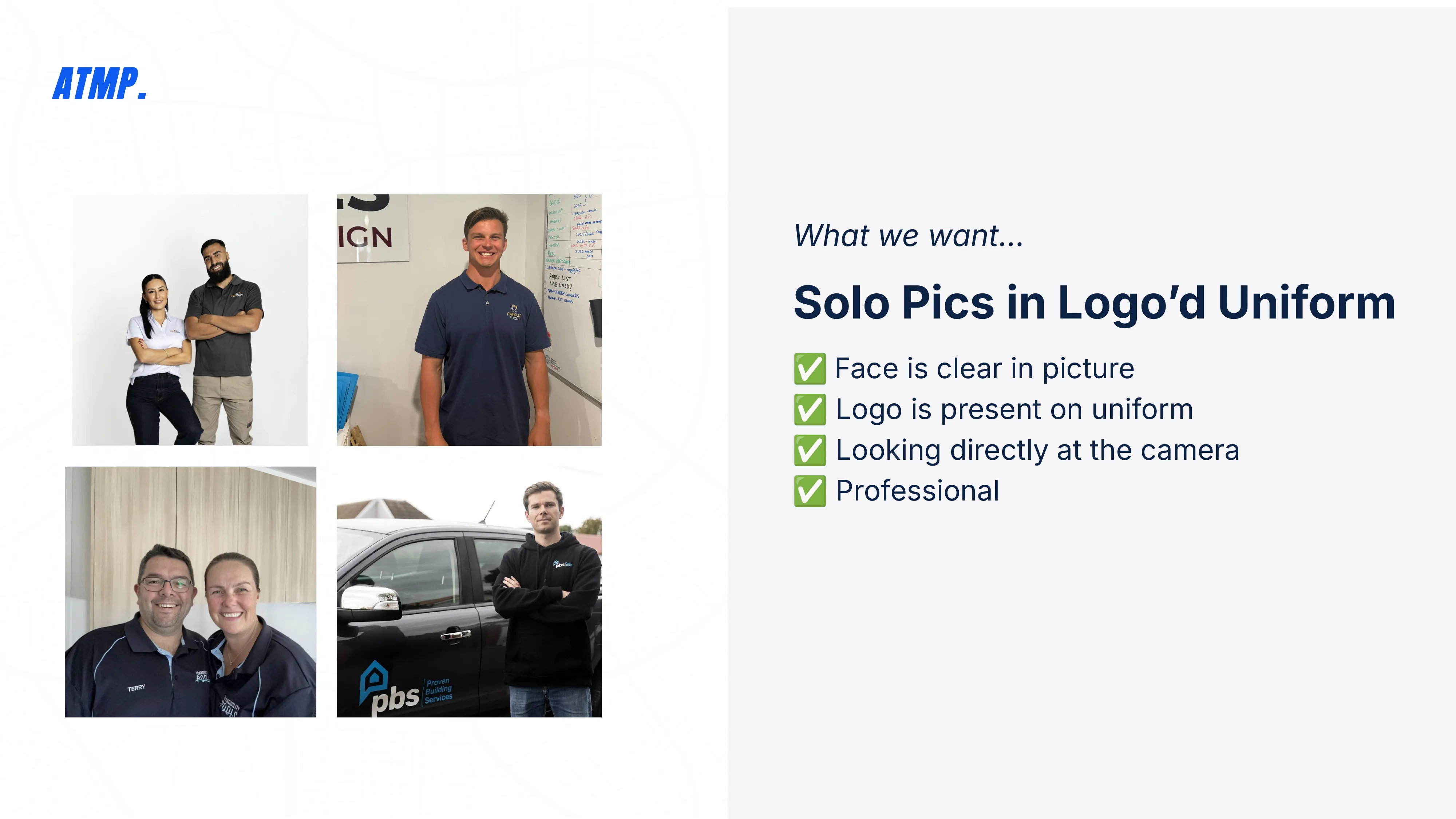 Solo pics in logo'd uniform examples