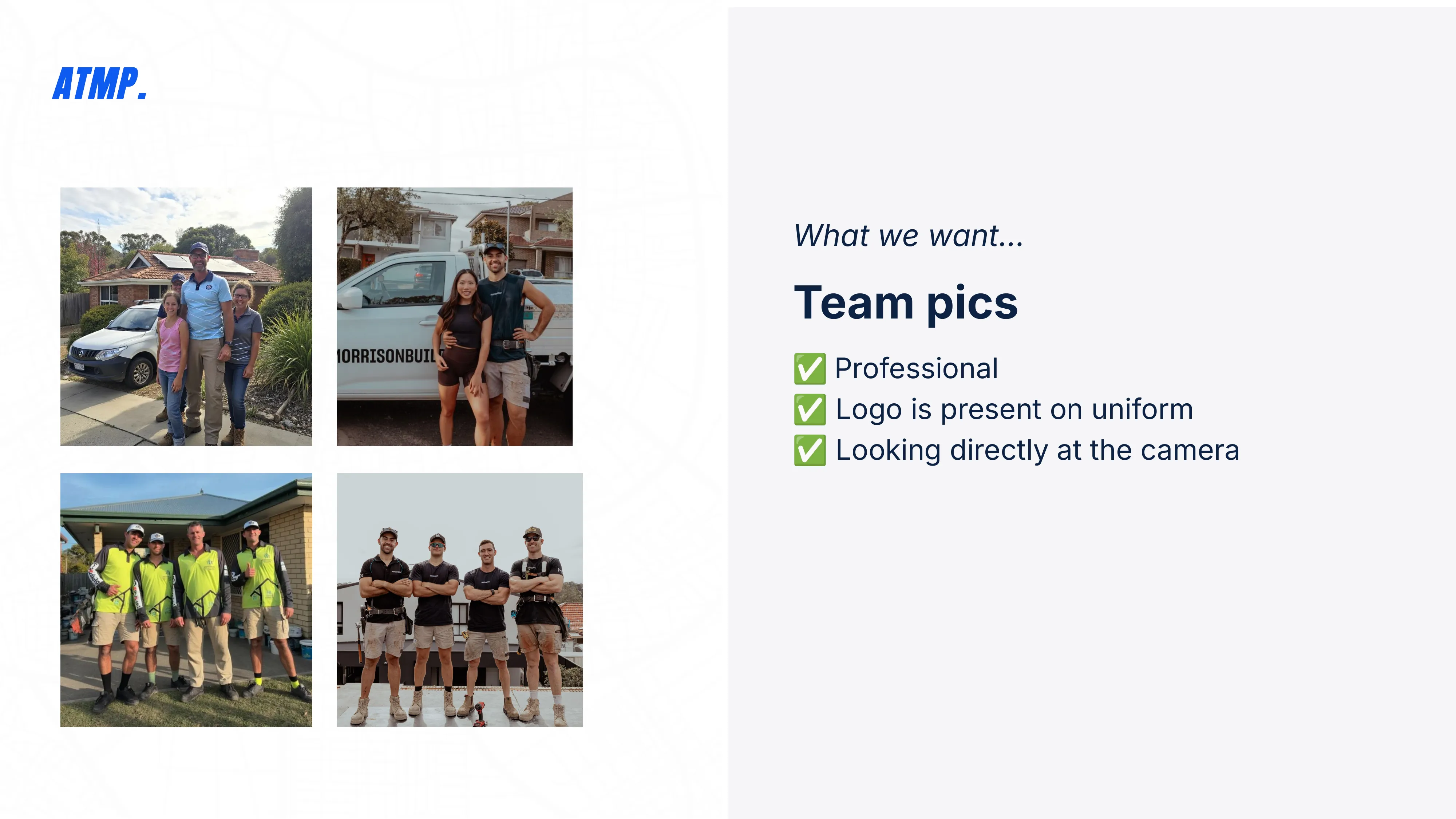 Team photo examples from ATMP clients