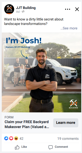 Live JJT Building Facebook ad — headline test