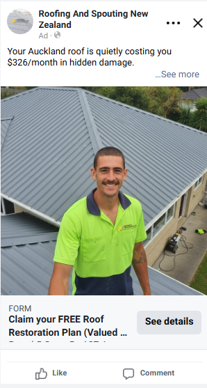 Live Roofing & Spouting NZ Facebook ad — on-site